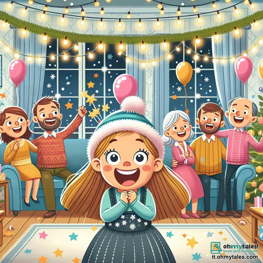 Une illustration destinée aux enfants représentant une fillette excitée par la fête du nouvel an, entourée de sa famille joyeuse, dans un salon décoré de guirlandes scintillantes et de ballons colorés.