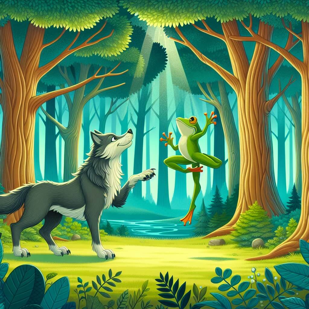 Une illustration destinée aux enfants représentant un loup malicieux, se trouvant au milieu d'une forêt enchantée remplie d'arbres majestueux aux feuilles chatoyantes, rencontrant une petite grenouille acrobate qui saute sur une seule patte avec une agilité incroyable.