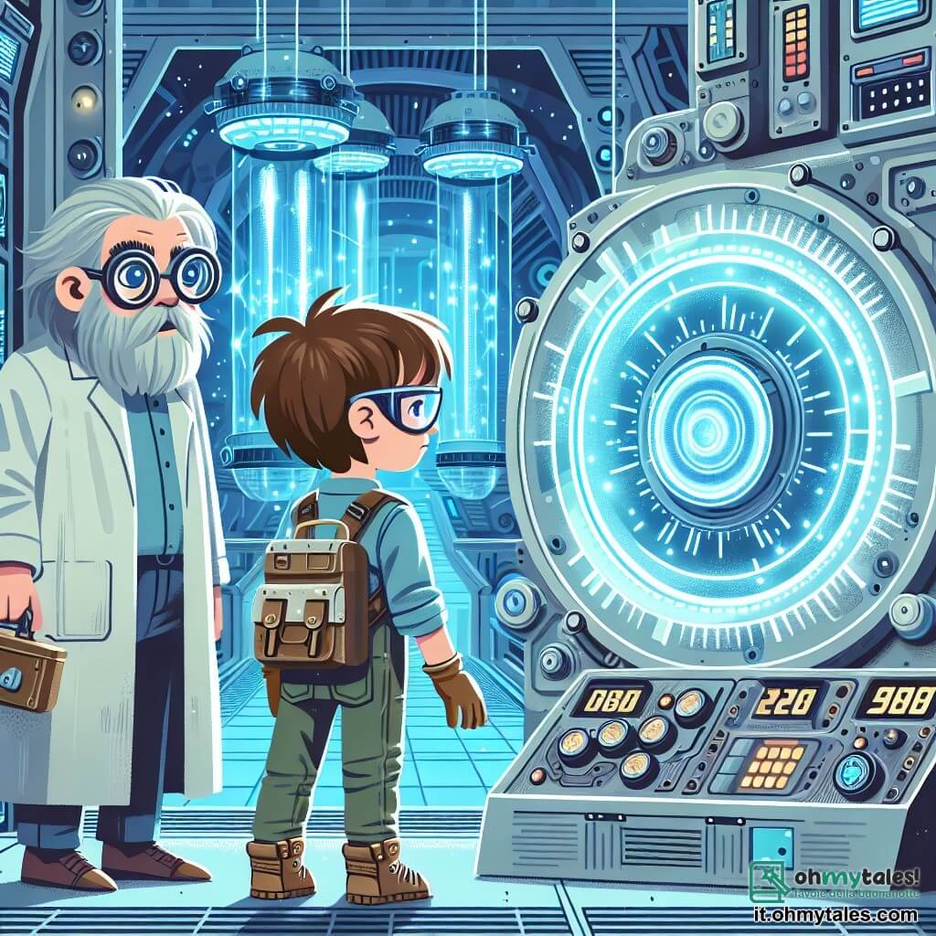 Une illustration sous forme de dessin destinée aux enfants représentant un vaste laboratoire futuriste rempli d'équipements scientifiques étincelants, où un garçon de 11 ans aux cheveux bruns en bataille, portant une combinaison de protection et des lunettes de sécurité, se tient émerveillé devant une grande machine à voyager dans le temps, tandis qu'un homme âgé, le docteur, avec une barbe grise et des lunettes rondes, ajuste des boutons sur le tableau de contrôle, et une lumière bleue éclatante émane de la machine, symbolisant l'imminence d'une aventure dans le passé.