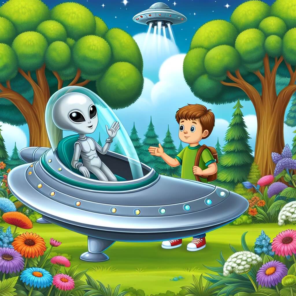 Une illustration destinée aux enfants représentant un jeune garçon intrépide qui rencontre un alien sympathique à bord d'une astronef argentée, dans un jardin verdoyant entouré de fleurs colorées et d'arbres majestueux.
