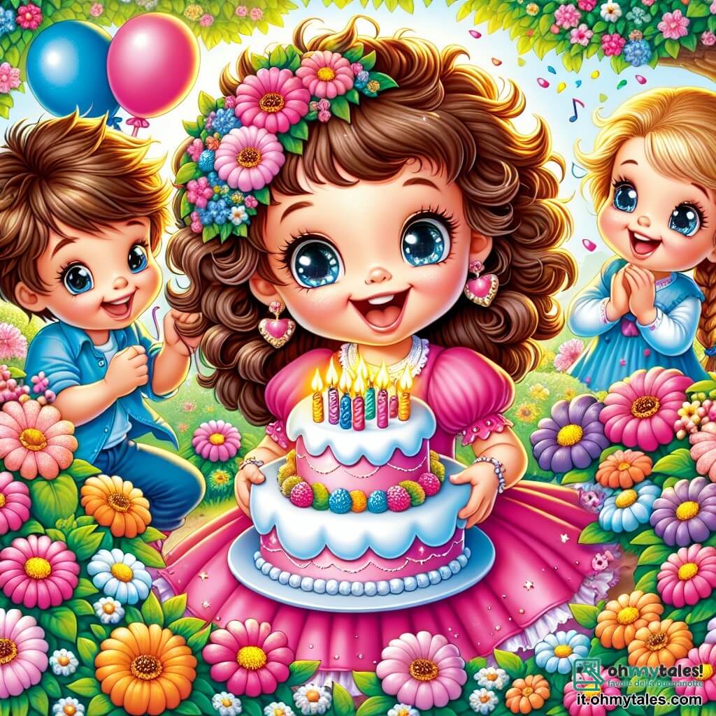 Une illustration sous forme de dessin destinée aux enfants représentant un jardin coloré rempli de fleurs éclatantes, où une petite fille de 5 ans aux cheveux bouclés et aux yeux brillants, portant une robe rose, sourit joyeusement en tenant une part de gâteau d'anniversaire, entourée de ses amis : un garçon aux cheveux bruns et un t-shirt bleu qui rit, et une fille aux cheveux blonds en tresse qui applaudit, tous célébrant ensemble un anniversaire avec des ballons flottants et une grande torta décorée de bougies.