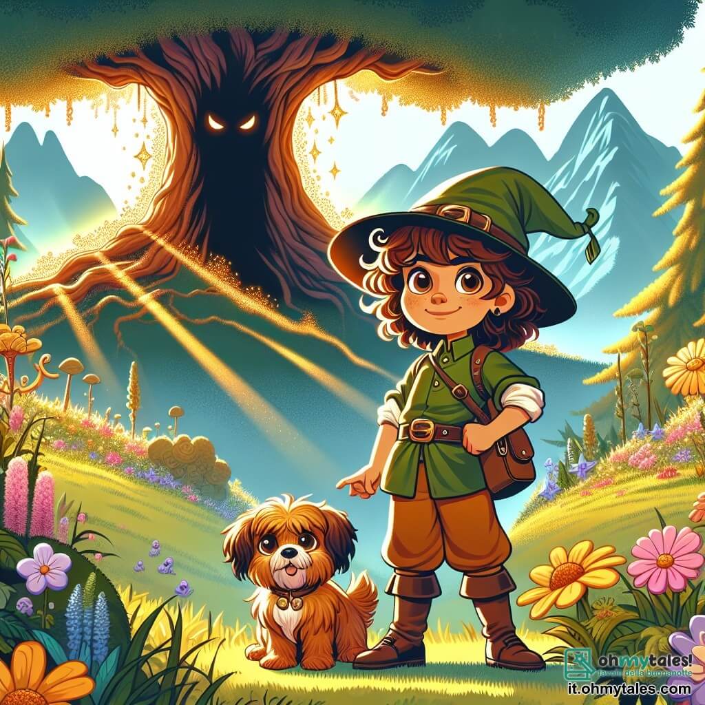 Une illustration sous forme de dessin destinée aux enfants représentant une vallée magique, pleine de fleurs colorées et d'arbres majestueux, où une jeune exploratrice aux cheveux bruns et bouclés, vêtue d'une tunique verte et d'un chapeau d'aventurière, se tient courageusement devant un grand arbre lumineux, tandis qu'un petit chien marron aux yeux pétillants, son fidèle compagnon, se tient à ses pieds, tous deux faisant face à une ombre menaçante qui s'approche d'eux, symbolisant le danger du seigneur des ombres, avec des rayons de lumière dorée émanant des plantes magiques autour d'eux.