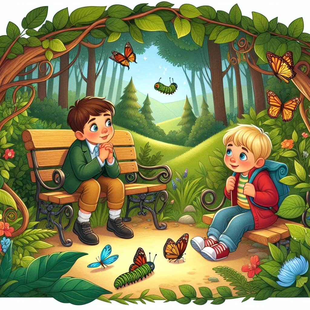 Une illustration destinée aux enfants représentant un jeune garçon curieux, rencontrant un enfant timide assis sur une panchina dans un parc verdoyant, où ils deviennent vite amis et partent à l'aventure dans un magnifique bois enchanté, découvrant des trésors naturels et la magie de la transformation d'une chenille en papillon.