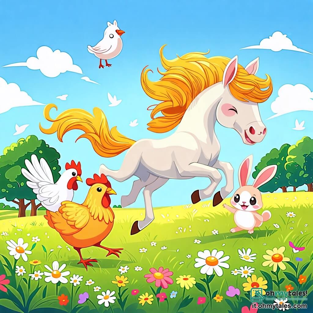 Une illustration sous forme de dessin destinée aux enfants représentant un vaste pré verdoyant sous un ciel bleu éclatant, avec un cheval élégant à la crinière dorée courant joyeusement, ses sabots frappant le sol, tandis qu'une galline aux plumes blanches et dorées rit en essayant de le rattraper, et un petit lapin aux grandes oreilles sautant à côté d'eux, tous les trois s'amusant ensemble dans une course pleine de joie et d'amitié, entourés de fleurs colorées et d'arbres en arrière-plan.