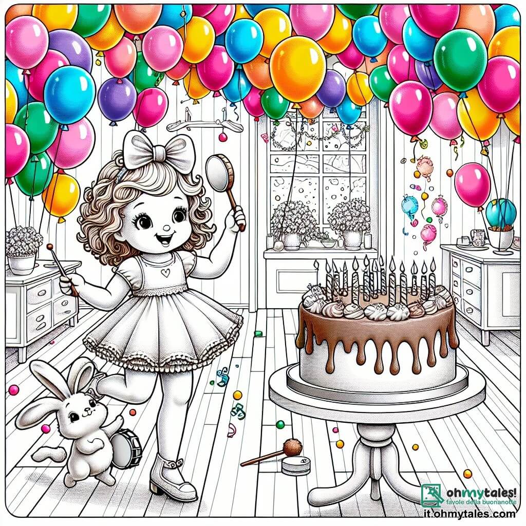 Une illustration sous forme de dessin destinée aux enfants représentant une salle de fête joyeusement décorée avec des ballons colorés flottant au plafond, une petite fille de 1 an aux cheveux bouclés et aux yeux pétillants, sautillant de joie en tenant un tambour dans ses mains, tandis qu'un petit lapin blanc aux grandes oreilles, souriant et espiègle, danse à ses côtés, le tout dans une ambiance festive où une délicieuse gâteau au chocolat trône sur une table, entouré de bougies scintillantes.