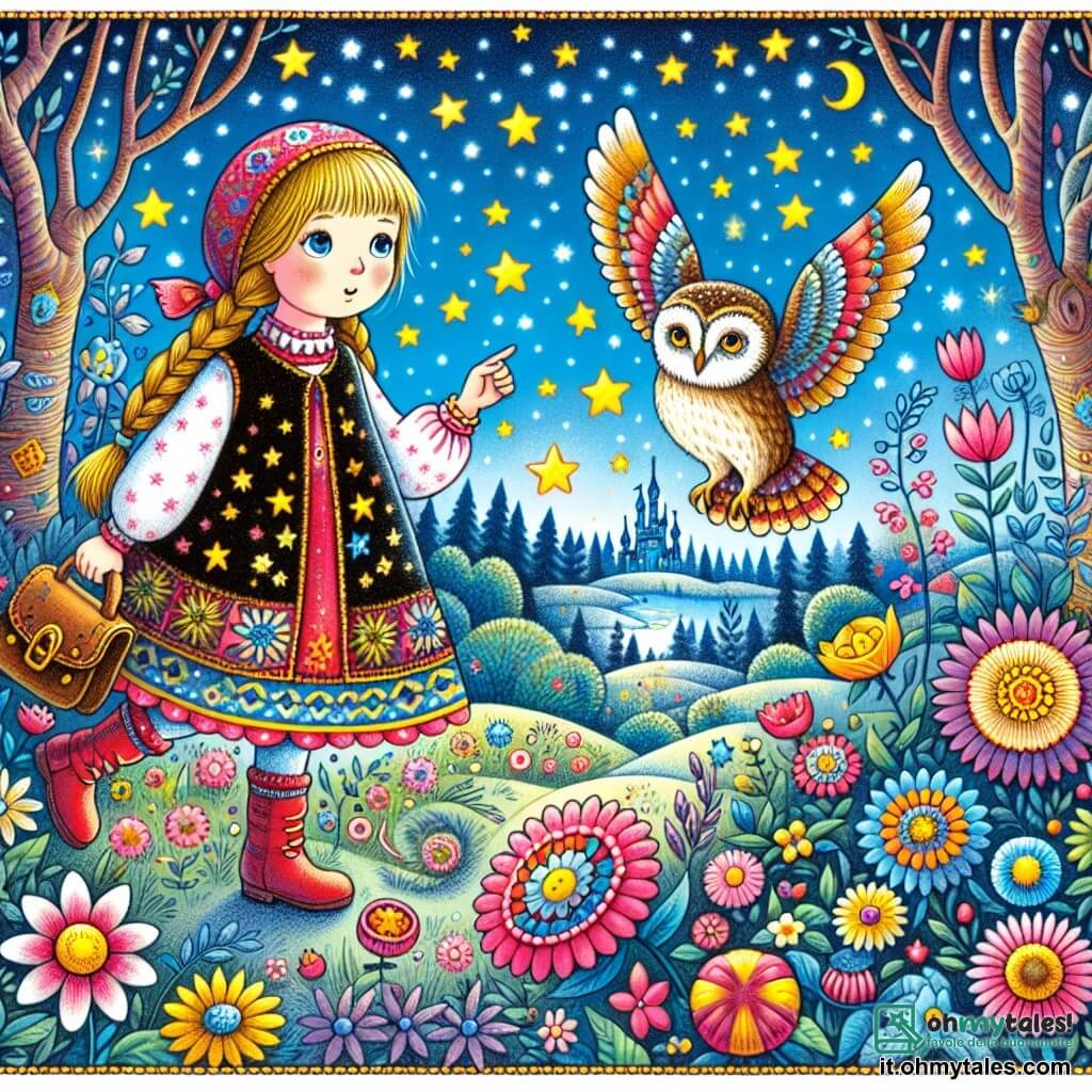 Une illustration destinée aux enfants représentant une fillette curieuse découvrant un monde magique avec l'aide d'un sage gufo dans un jardin enchanté aux fleurs multicolores et au ciel scintillant de mille étoiles.