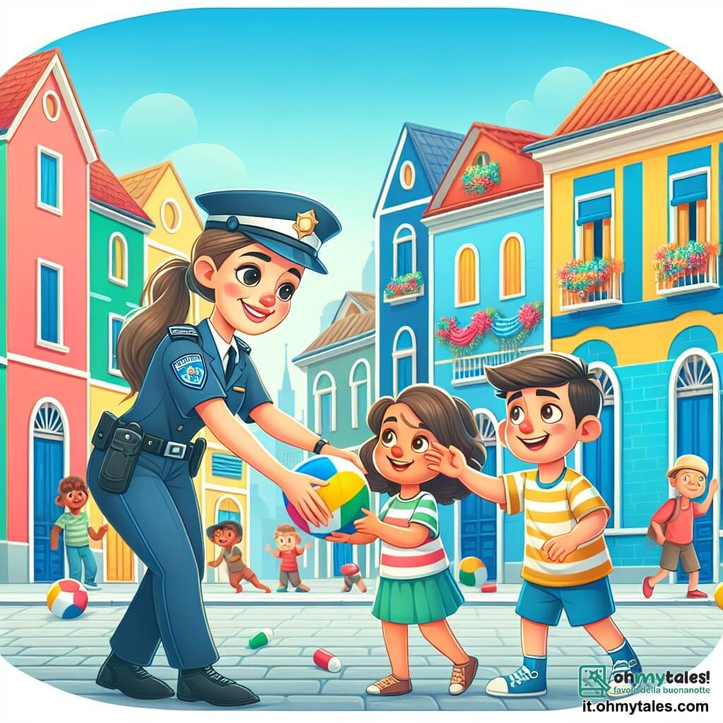 Une illustration destinée aux enfants représentant une policière courageuse et souriante, aidant deux enfants, un garçon et une fille, à récupérer un ballon sur le toit d'une maison colorée au cœur de la vibrante ville de Milano.