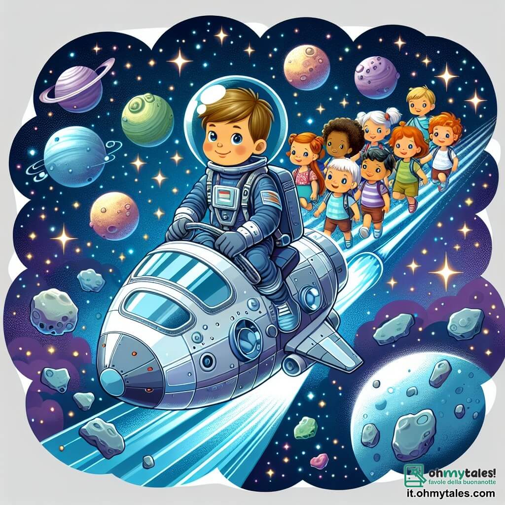 Une illustration destinée aux enfants représentant un jeune astronaute, un garçon, naviguant à travers les étoiles avec un groupe de bambins, des filles et des garçons, à bord d'une navicelle brillante et futuristique, dans un univers infini rempli d'astéroïdes scintillants et de planètes colorées.