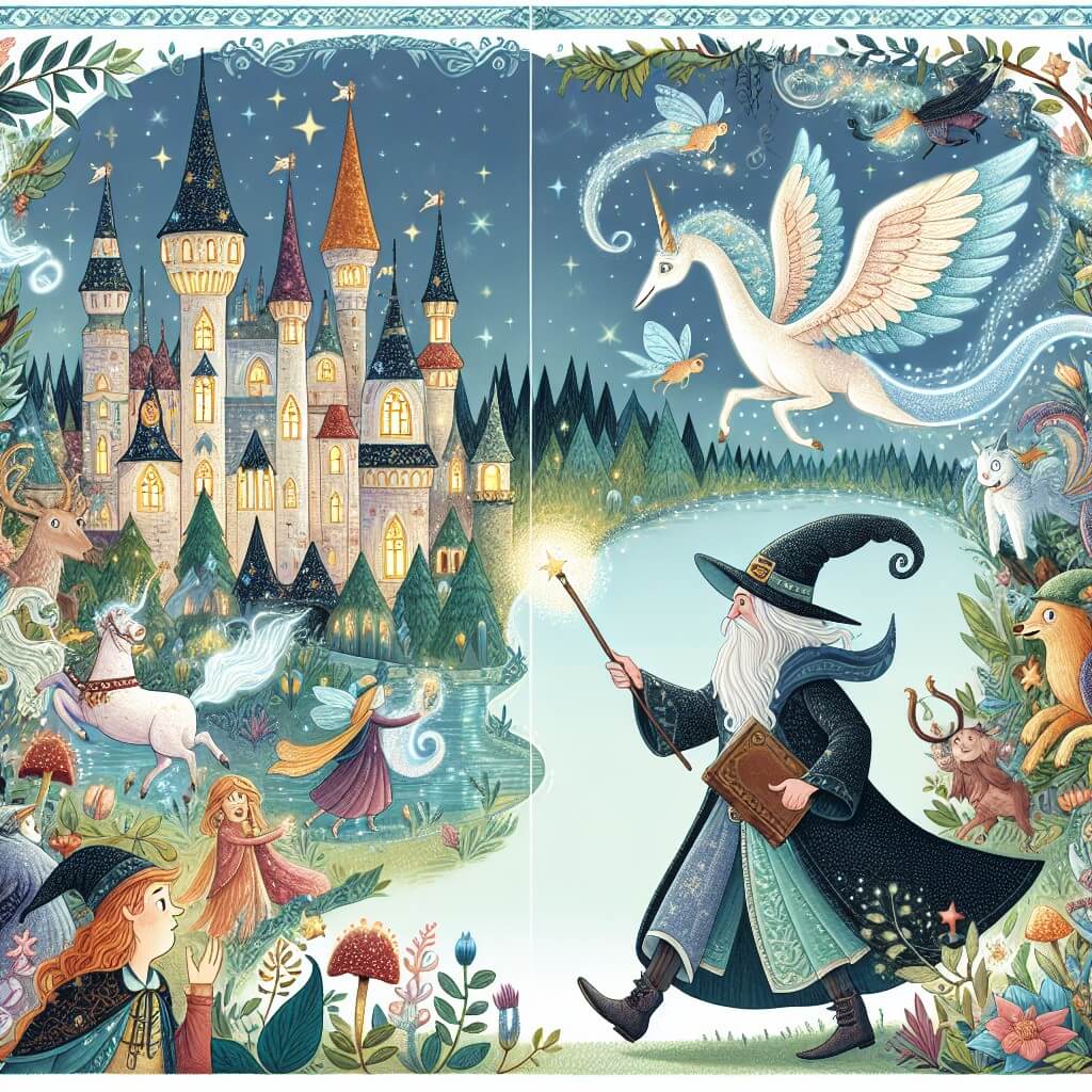 Une illustration destinée aux enfants représentant un sorcier mystérieux, aux pouvoirs magiques extraordinaires, qui se trouve plongé dans une aventure palpitante avec l'aide de ses amis, dans un monde féerique rempli de créatures enchantées, de forêts luxuriantes et de châteaux scintillants.