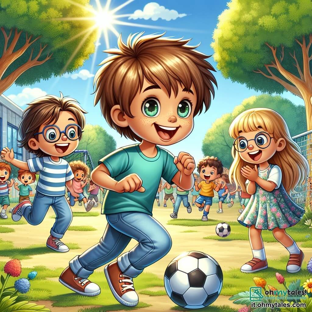 Illustrazione che rappresenta una scena animata in un cortile di scuola soleggiato, circondato da alti alberi con foglie verdi brillanti e fiori colorati. Al centro, un ragazzo di 11 anni, con capelli castani arruffati e occhi scintillanti, indossa una maglietta blu e jeans. Sta dribblando un pallone da calcio con un grande sorriso, mostrando il suo entusiasmo per il gioco. Accanto a lui, una ragazza della sua età, con lunghi capelli biondi e un vestito a fiori, applaude e lo incoraggia con uno sguardo gioioso. Un altro ragazzo, sempre di 11 anni, con occhiali e capelli castani, si prepara a unirsi al gioco, tenendo un altro pallone sotto il braccio. L'atmosfera è piena di risate ed energia, con altri bambini che giocano sullo sfondo, creando un ambiente di amicizia e felicità all'inizio dell'anno scolastico.