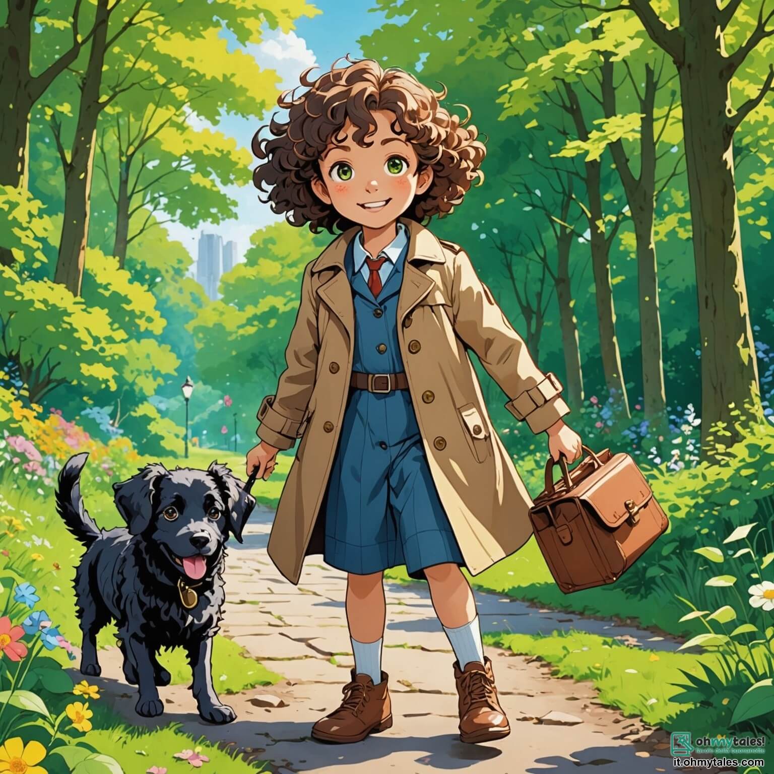Une illustration destinée aux enfants représentant une brillante détective aux cheveux bouclés et au regard pétillant, vêtue d'un trench-coat coloré, qui se lance dans une quête palpitante pour retrouver une chaussure perdue dans un parc ensoleillé, rempli de grands arbres aux feuilles verdoyantes, de fleurs éclatantes et d'un ruisseau scintillant, accompagnée de son fidèle cagnolino espiègle, un petit garçon au sourire radieux qui joue au football avec ses amis.