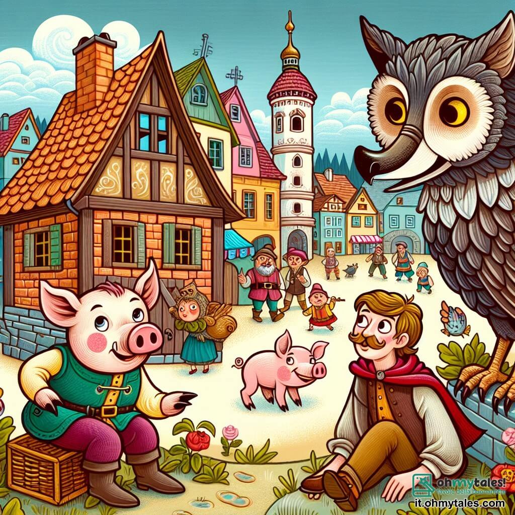 Une illustration destinée aux enfants représentant un jeune cochon courageux, une maison de brique menacée par un loup rusé, un sage hibou et la charmante ville de Porcopolis, où se déroule cette histoire pleine de rebondissements.