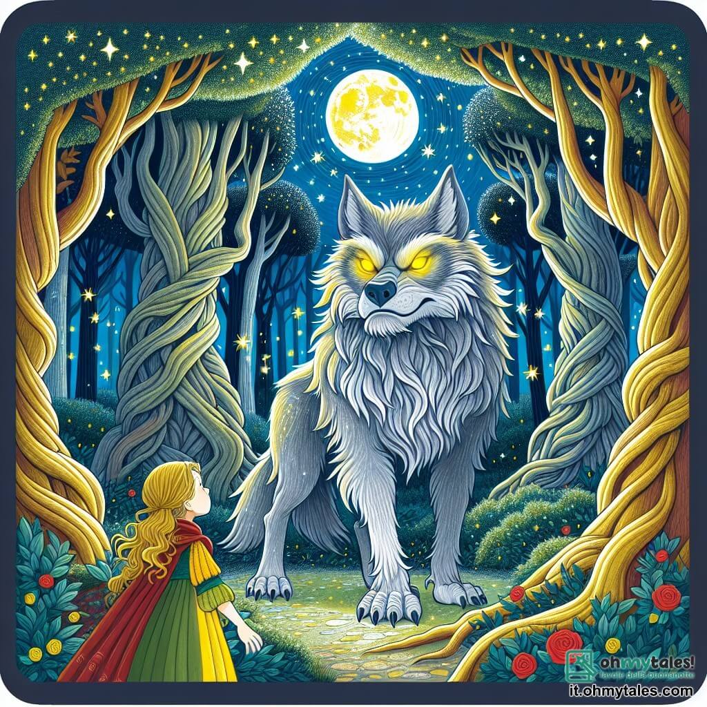 Une illustration destinée aux enfants représentant un loup-garou majestueux, aux yeux jaunes brillants comme des étoiles et au pelage argenté scintillant sous la lumière de la lune, se tenant courageusement au centre d'une forêt enchantée où les arbres séculaires, aux troncs épais et tortueux, s'élèvent vers le ciel étoilé, tandis qu'une jeune fille, aux cheveux dorés et aux vêtements colorés, observe avec émerveillement cette créature fantastique, alors qu'ils unissent leurs forces pour protéger leur monde des ténèbres menaçantes qui s'approchent.