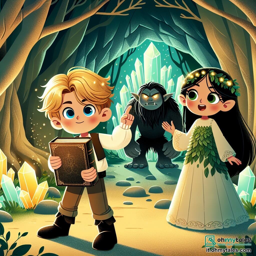 Une illustration sous forme de dessin destinée aux enfants représentant une forêt enchantée, où un jeune garçon aux cheveux dorés et aux yeux bleus, vêtu de vêtements simples, tient un ancien livre poussiéreux entre ses mains, tandis qu'à ses côtés se tient une fille aux longs cheveux noirs, habillée d'une robe faite de feuilles vertes, qui l'encourage avec un sourire, alors qu'ils se tiennent devant l'entrée d'une caverne mystérieuse, illuminée par des cristaux scintillants, prêts à affronter un troll pour récupérer le légendaire Cristal de Lumière.