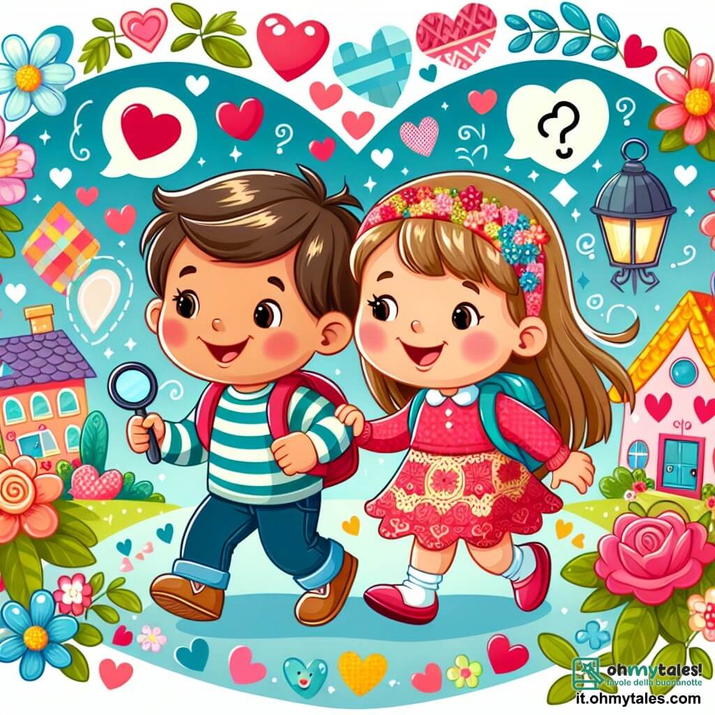 Une illustration destinée aux enfants représentant une jeune fille joyeuse et curieuse qui suit des indices mystérieux avec l'aide de son meilleur ami garçon, dans une maison colorée et chaleureuse décorée de cœurs et de fleurs pour la fête de la Saint-Valentin.