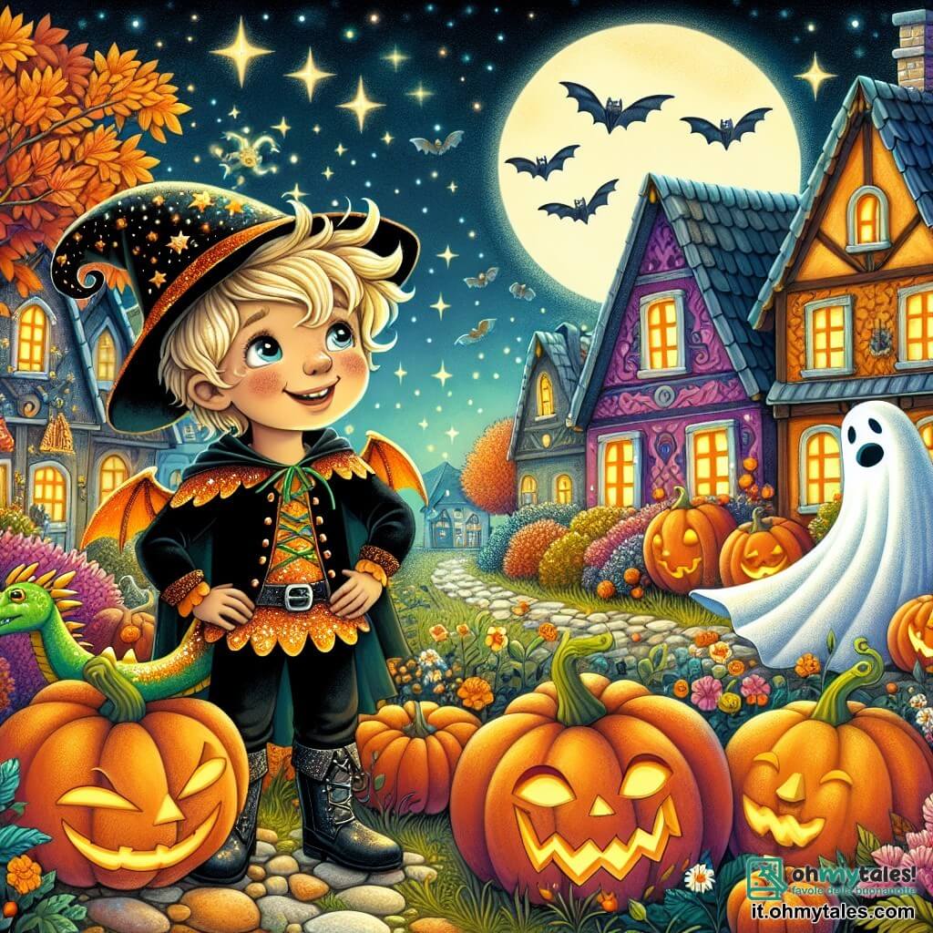Une illustration destinée aux enfants représentant un garçon aux cheveux blonds comme les rayons du soleil, vêtu d'un costume de petit drago scintillant, qui se trouve au cœur d'un village vibrant de couleurs automnales, avec des maisons décorées de citrouilles grimaçantes et de fantômes en tissu flottant dans le vent, tandis que sa sœur, une fille travestie en strega, l'accompagne dans une aventure palpitante à la recherche de friandises magiques sous un ciel étoilé et mystérieux.