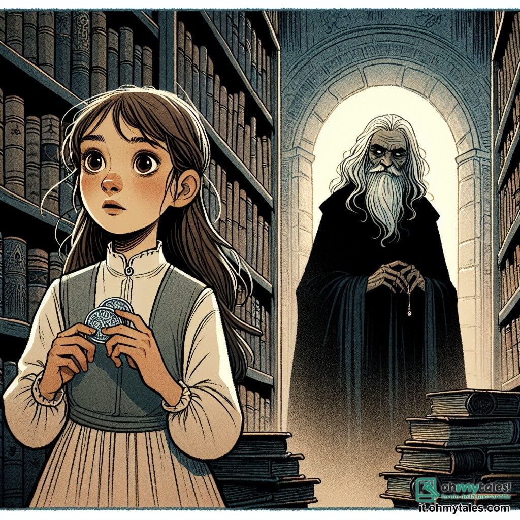 Une illustration sous forme de dessin destinée aux enfants représentant une bibliothèque ancienne et poussiéreuse, avec de grandes étagères remplies de livres aux couvertures usées, où une fille de 11 ans aux longs cheveux bruns et aux yeux curieux, vêtue d'une robe simple, tient un mystérieux medaglione d'argent dans sa main, tandis qu'une silhouette d'un vieux sage aux cheveux blancs et à la barbe longue, vêtu d'une robe sombre, l'observe avec un regard à la fois bienveillant et inquiétant, alors qu'elle se prépare à affronter ses peurs et à découvrir les secrets cachés des histoires effrayantes qui l'entourent.