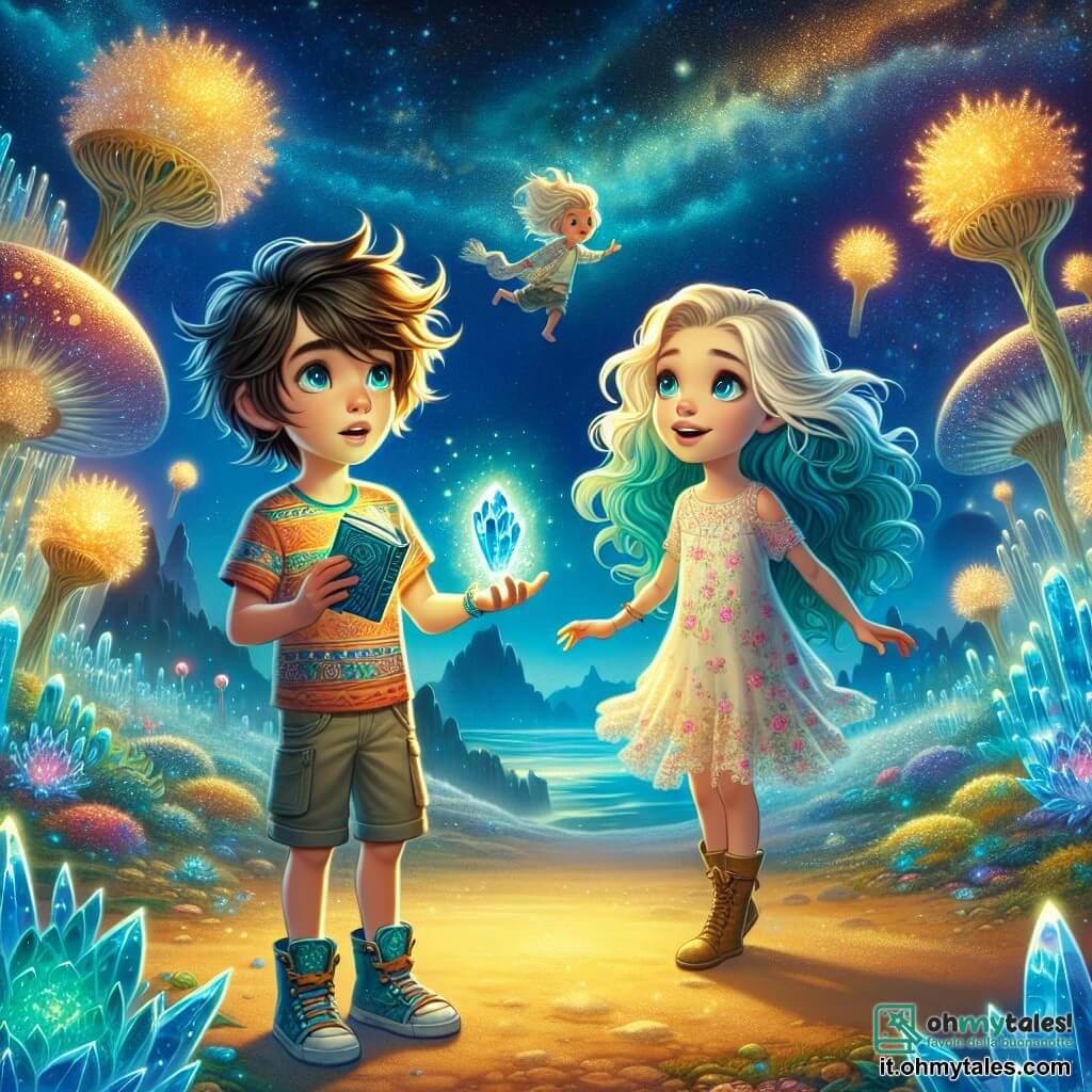 Illustrazione che rappresenta un paesaggio incantato sul pianeta Xyronia, dove piante cristalline brillano sotto un cielo blu profondo, punteggiato di nuvole dorate. Al centro dell'immagine, un ragazzo di 11 anni, con capelli castani disordinati e un sorriso meravigliato, osserva le meraviglie che lo circondano. Indossa una maglietta colorata e un pantaloncino, tenendo un piccolo cristallo luminoso nella mano, simbolo della sua avventura. Accanto a lui, una ragazza della sua età, con lunghi capelli ondulati di colore turchese, vestita con un abito leggero a fiori, sorride mostrandogli un libro vivente che fluttua davanti a loro. Ha occhi scintillanti e un'espressione piena di curiosità, condividendo la sua passione per le storie del loro mondo. La scena principale mostra il ragazzo e la ragazza mentre esplorano insieme, meravigliati dai libri viventi che fluttuano intorno a loro, ognuno raccontando una storia attraverso immagini e suoni. Sullo sfondo, creature xeoniane dalle forme strane e dai colori vivaci si muovono armoniosamente, creando un'atmosfera magica e accogliente. Stelle scintillanti iniziano a comparire nel cielo, annunciando una notte piena di scoperte.