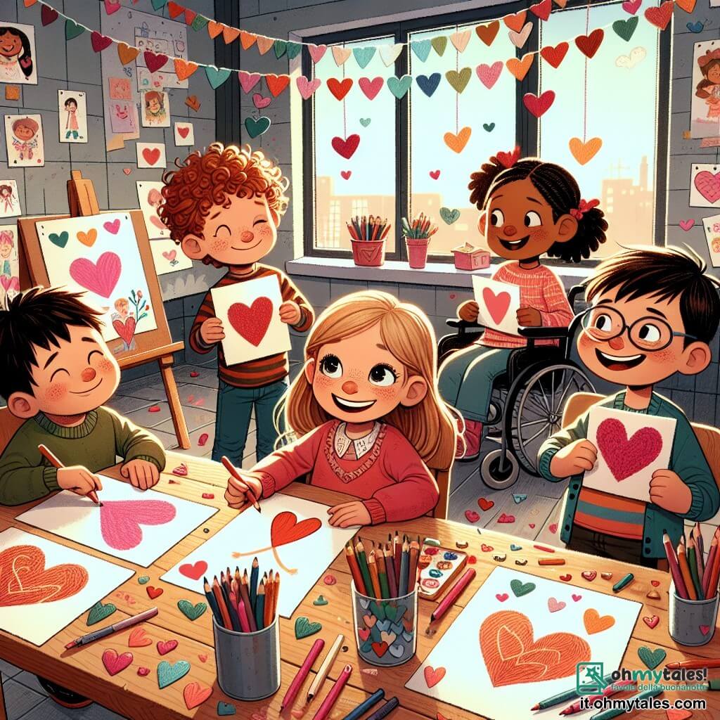 Illustrazione che rappresenta un'aula colorata e vivace, con pareti decorate da disegni di bambini e festoni di cuori di carta. Al centro, un gruppo di quattro bambini è riunito attorno a un tavolo di legno, circondato da matite, pennarelli e piccoli cuori ritagliati. C'è un ragazzo di circa 9 anni, con capelli ricci e occhi scintillanti, che tiene un grande cartone con un disegno di cuore. Accanto a lui, una ragazza di circa 9 anni, con capelli biondi e un sorriso radioso, è china su pennarelli colorati, pronta a decorare un biglietto. Un altro ragazzo, di circa 10 anni, con un atteggiamento birichino e capelli castani, cerca di nascondere un sorriso guardando un altro bambino. Infine, una ragazza di circa 9 anni, in sedia a rotelle, con capelli castani e occhiali, ride gioiosamente tenendo cuori di carta. La scena principale mostra i bambini intenti a preparare biglietti di San Valentino, con un'atmosfera di amicizia e gioia, mentre un leggero vento fa volare alcuni cuori di carta intorno a loro. Dei coriandoli a forma di cuore sono sparsi sul tavolo, aggiungendo un tocco festoso a questa scena piena di creatività e amicizia.