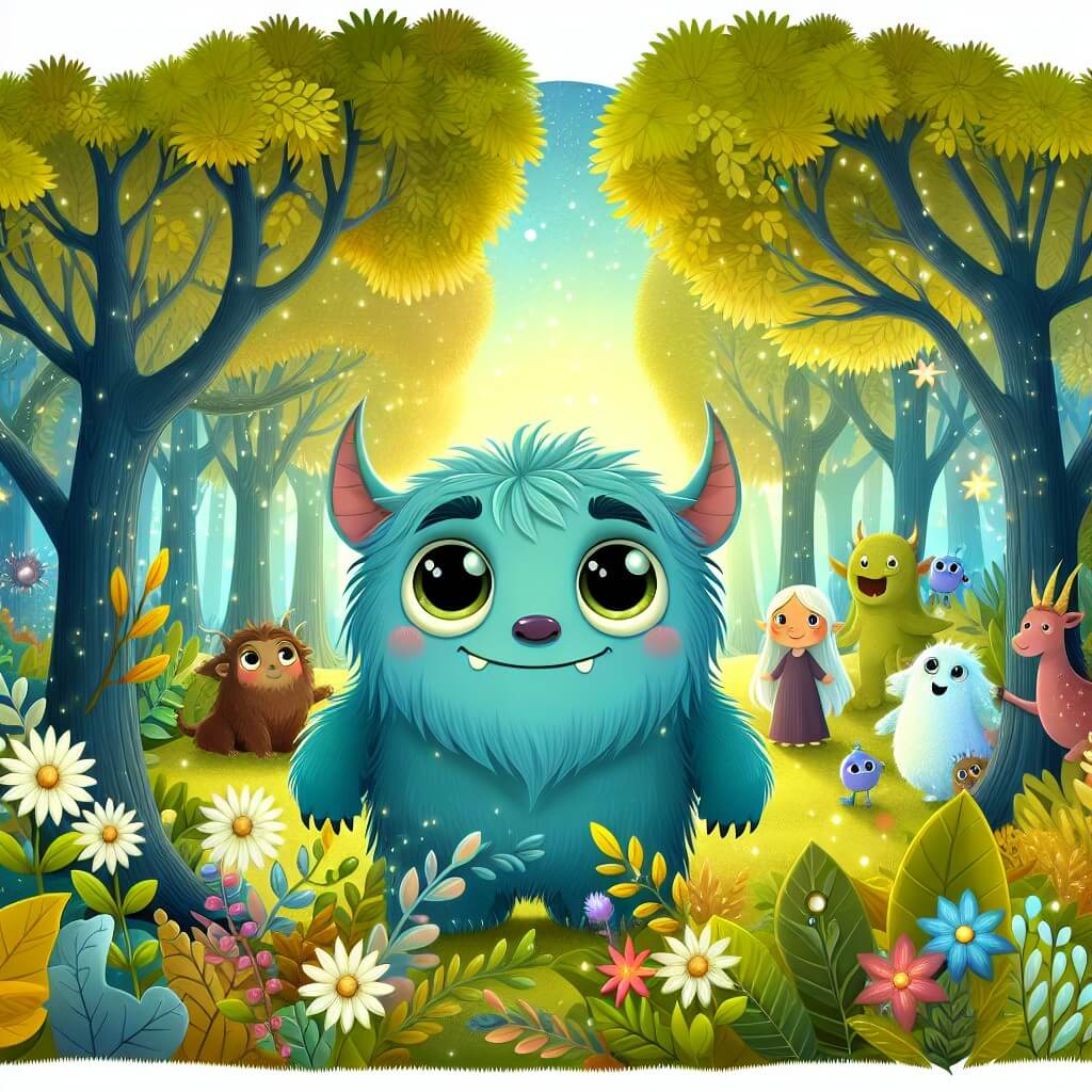 Une illustration destinée aux enfants représentant un adorable monstre curieux se trouvant au cœur d'une forêt enchantée, accompagné de créatures magiques, dans un paysage luxuriant rempli d'arbres aux feuilles d'or, de fleurs aux couleurs vives et d'un ciel scintillant.