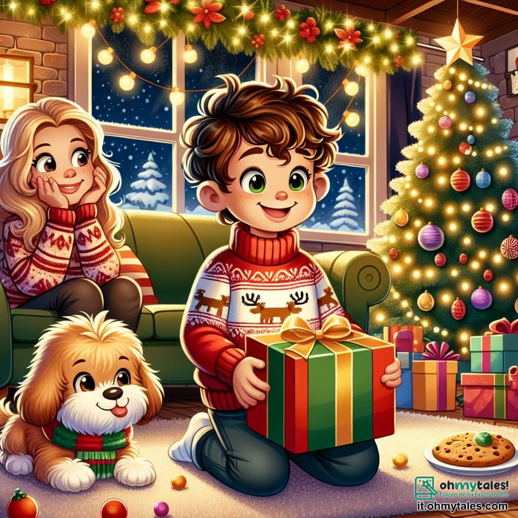 Une illustration sous forme de dessin destinée aux enfants représentant un salon chaleureux décoré pour Noël, avec un grand arbre scintillant de lumières et de guirlandes, un garçon de 5 ans aux cheveux bruns et bouclés, portant un pull rouge avec un motif de renne, assis par terre, les yeux brillants d'excitation alors qu'il ouvre un grand paquet coloré, tandis qu'à côté de lui, une maman souriante aux cheveux longs et blonds, vêtue d'un pull en laine, l'observe avec tendresse, et un petit chien aux poils dorés, curieux, renifle un biscuit de Noël posé sur le tapis.