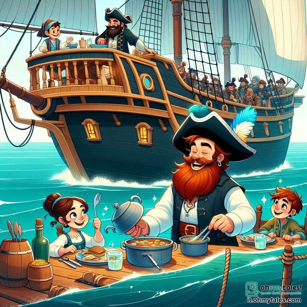 Une illustration sous forme de dessin destinée aux enfants représentant un grand voilier aux voiles blanches flottant sur des eaux turquoise, avec un homme à la barbe rouge flamboyante, portant un chapeau noir orné d'une plume bleue, souriant et tenant une carte au trésor, entouré de deux personnages secondaires : une femme aux cheveux bruns, vêtue d'un tablier, préparant une soupe sur le pont, et un jeune garçon aux yeux brillants, en train de polir le bois du navire, tandis qu'ils accueillent un groupe de pirates rivaux, tous assis autour d'une table improvisée, partageant un repas et riant ensemble, illustrant ainsi l'esprit d'amitié et d'aventure qui émerge de cette rencontre inattendue.