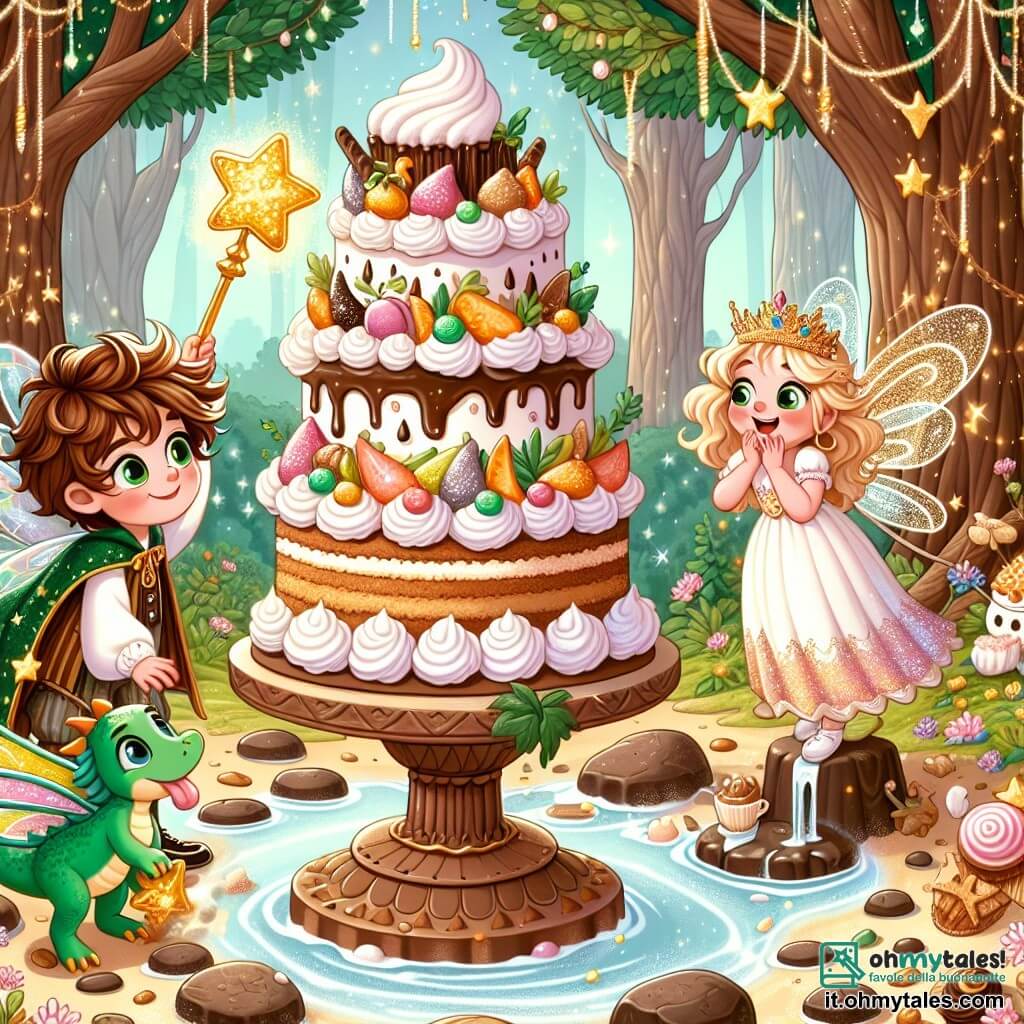 Illustrazione che rappresenta una scena magica in una foresta incantata di Zuccherolandia. Gli alberi sono fatti di zucchero filato, con foglie di caramelle colorate, e un ruscello di latte scorre dolcemente tra pietre di cioccolato. Al centro, una grande torta gigante troneggia su un piedistallo di biscotti, decorata con panna montata e frutta di zucchero. Un ragazzo di circa 8 anni, con capelli arruffati e un grande cappello da mago, osserva la torta con occhi meravigliati. Indossa una veste da mago ornata di stelle scintillanti e tiene una bacchetta magica che brilla di luce dorata. Accanto a lui, una bambina di circa 7 anni, con ali di fata scintillanti e un vestito leggero fatto di petali di fiori, si accovaccia ridendo, pronta a gustare la deliziosa creazione. Un piccolo drago verde, con squame brillanti e occhi furbi, si trova vicino a loro, con la lingua di fuori, ansioso di divorare un pezzo della torta. L'atmosfera è gioiosa e giocosa, piena di colori vivaci e dettagli zuccherini, mentre risate risuonano nell'aria.