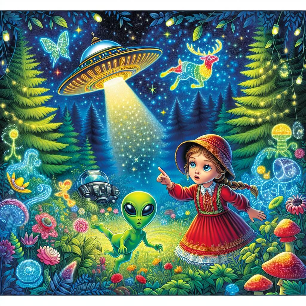 Une illustration destinée aux enfants représentant une petite fille intrépide découvrant une soucoupe volante dans un jardin enchanté, accompagnée d'un alien vert aux yeux lumineux, sur un paisible planète recouverte de forêts colorées et de créatures éblouissantes faites de lumière.