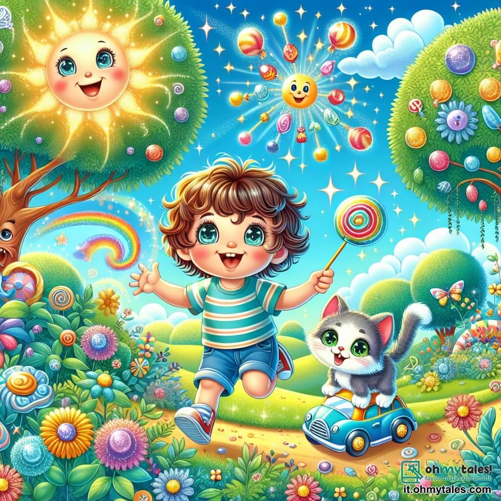 Illustrazione che rappresenta una scena magica in una radura soleggiata, circondata da alberi con foglie scintillanti e fiori colorati che sembrano ridere. Al centro, un bambino di 3 anni, con capelli ricci e occhi brillanti di curiosità, indossa una maglietta a righe e pantaloni corti di jeans. Sta saltando di gioia, tenendo in mano una calza colorata che fluttua nell'aria, come se fosse viva. Accanto a lui, un piccolo gattino grigio, con occhi verdi brillanti, sta in piedi sulle zampe posteriori, miagolando felicemente, le orecchie dritte e la coda in alto, aggiungendo un tocco di magia alla scena. Sullo sfondo, un grande albero di caramelle, con rami carichi di dolciumi, attira l'attenzione, mentre nuvole a forma di caramelle fluttuano nel cielo blu. L'atmosfera è gioiosa e giocosa, con colori vivaci e dettagli incantevoli, catturando lo spirito di un'avventura fantastica e umoristica.