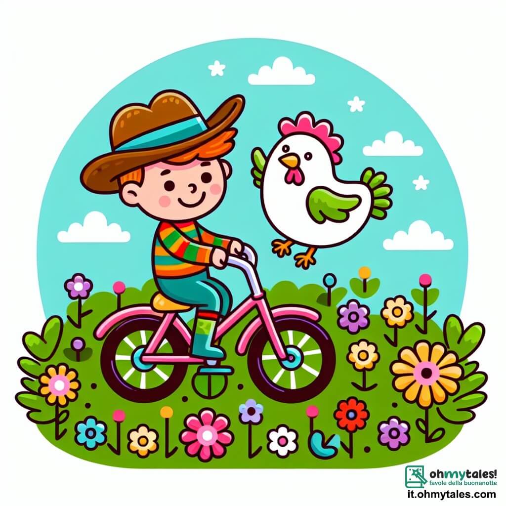 Une illustration destinée aux enfants représentant un garçon espiègle avec des chaussettes rayées oranges et vertes, une poule portant un chapeau de cow-boy sur une bicyclette rose volant au-dessus d'un champ de fleurs multicolores.