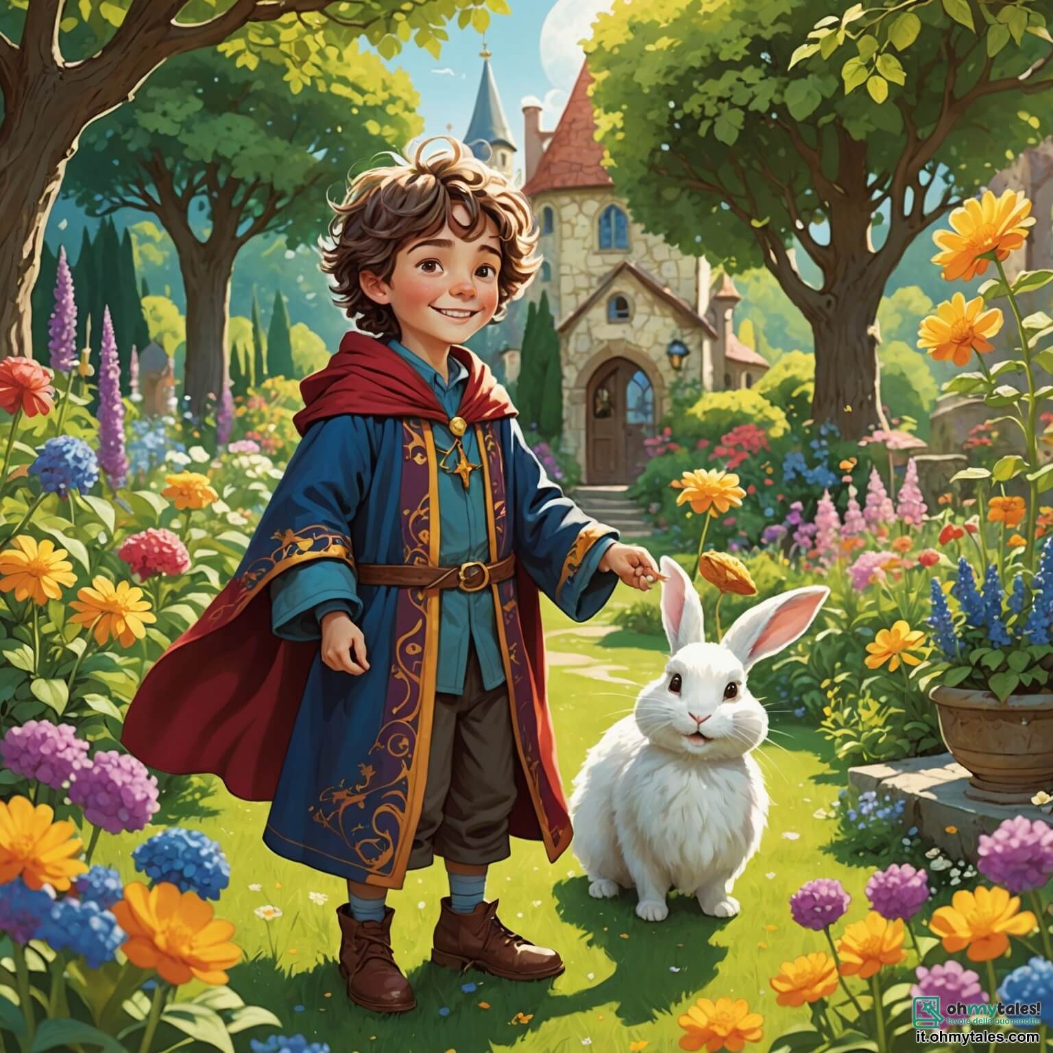 Une illustration destinée aux enfants représentant un jeune garçon aux cheveux ébouriffés et au sourire malicieux, vêtu d'une grande robe de sorcier trop ample, se tenant dans un jardin enchanteur rempli de fleurs colorées et de plantes magiques qui scintillent sous le soleil, alors qu'il tente de maîtriser un sort pour transformer une simple balle en un délicieux gelato, entouré de son ami, un coniglio espiègle aux grandes oreilles blanches, qui l'observe avec curiosité et amusement, le tout se déroulant dans le village féerique de Magicolandia, où chaque coin est rempli de mystères et de rires.