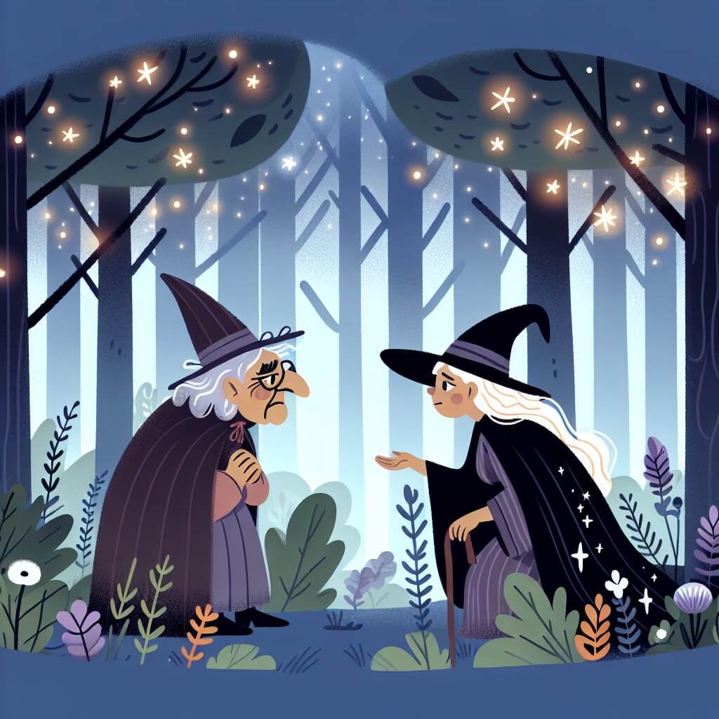 Une illustration destinée aux enfants représentant une sorcière au chapeau pointu et aux cheveux en bataille, rencontrant une vieille sorcière grincheuse dans une forêt enchantée remplie d'arbres majestueux et de lumières magiques.