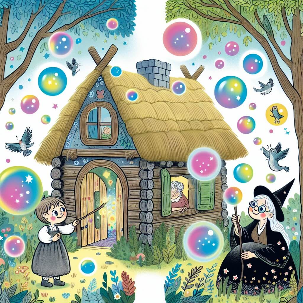 Une illustration destinée aux enfants représentant une apprentie sorcière curieuse, entourée de bulles magiques colorées, accompagnée de sa sage grand-mère, dans leur petite maison au toit de chaume, nichée au cœur d'une forêt enchantée, où les arbres dansent et les oiseaux chantent joyeusement.
