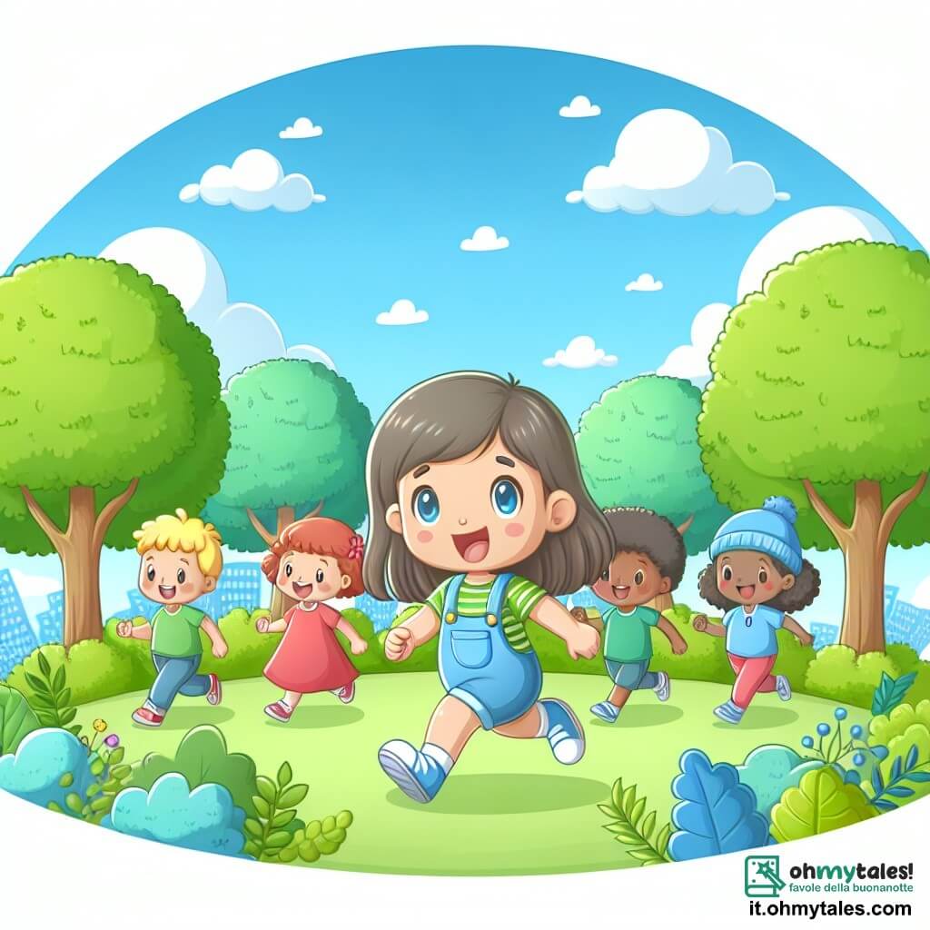 Une illustration destinée aux enfants représentant une jeune fille curieuse et pleine d'énergie, s'engageant dans une campagne pour protéger l'environnement, accompagnée de ses amis, dans un parc verdoyant avec des arbres luxuriants et un ciel bleu azur.