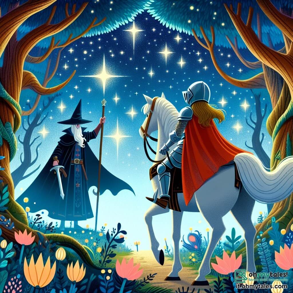 Une illustration destinée aux enfants représentant une chevalière courageuse affrontant un maléfique stregone avec l'aide de son fidèle destrier, dans une forêt enchantée aux arbres centenaires et aux fleurs lumineuses, sous un ciel étoilé scintillant de magie.