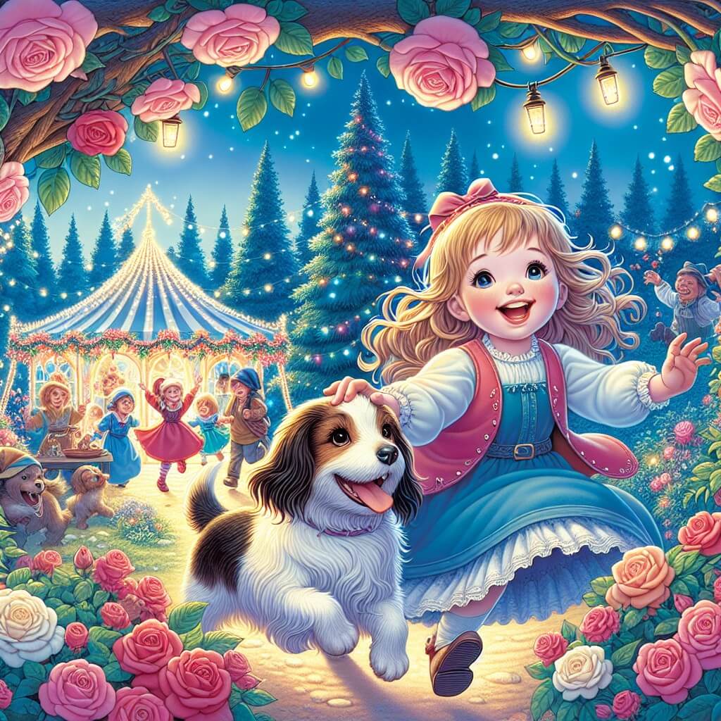 Une illustration destinée aux enfants représentant une jeune fille joyeuse et curieuse découvrant un jardin enchanté rempli de roses, d'arbres illuminés et d'un tendone festif, accompagnée de son fidèle chien et entourée d'amis qui jouent et rient.