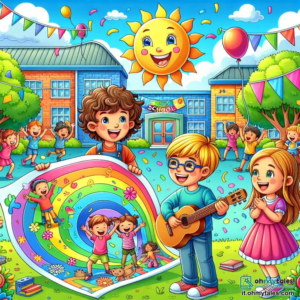 Illustrazione che rappresenta una scena gioiosa in un cortile scolastico colorato, pieno di risate ed energia. Sullo sfondo, si vede un grande edificio scolastico con muri dipinti di colori vivaci, decorati con disegni di animali e fiori. Alberi verdi circondano il cortile, dove i bambini giocano su altalene e scivoli. In primo piano, un ragazzo di circa 8 anni, con capelli castani e ricci, sorride ampiamente mentre tiene un grande foglio di carta colorata su cui ha disegnato un sole splendente. Accanto a lui, un altro ragazzo, un po' più grande, di 9 anni, con capelli biondi e occhiali, sta suonando la chitarra, i suoi occhi brillano di gioia. Infine, una ragazza di 8 anni, con capelli lunghi e lisci raccolti in due codini, applaude con entusiasmo, il suo viso illuminato da un grande sorriso. La scena principale mostra questi tre amici che celebrano il primo giorno di scuola, circondati da compagni che ballano e si divertono. Palloncini colorati fluttuano nell'aria e manifesti annunciano la festa di benvenuto. L'atmosfera è festosa, piena di cameratismo ed eccitazione per questo nuovo anno scolastico.