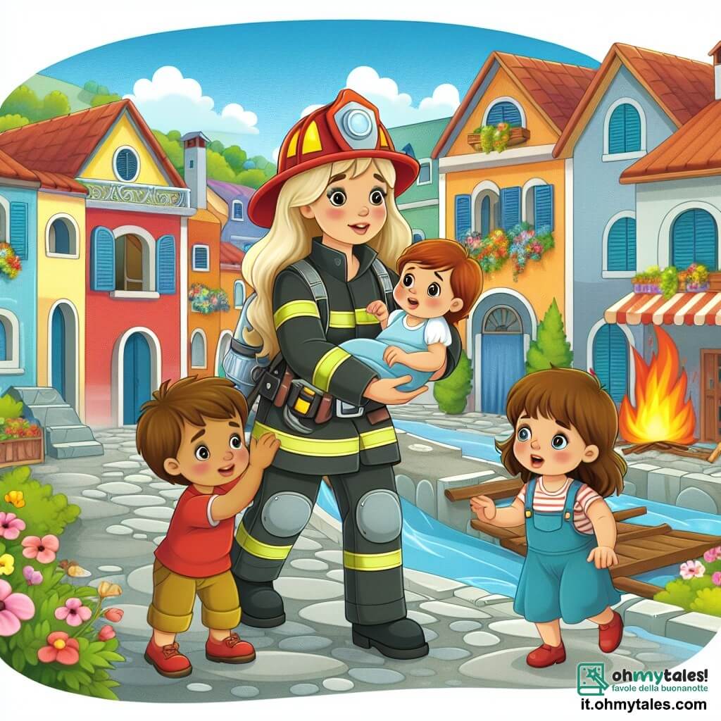 Une illustration destinée aux enfants représentant une femme pompière courageuse, sauvant une famille d'un incendie avec l'aide de son fils curieux et de sa fille admirative, dans le pittoresque village de Borgo Fiorito, avec ses maisons colorées et ses rues pavées bordées de fleurs.