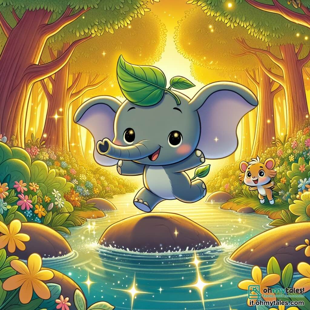 Une illustration sous forme de dessin destinée aux enfants représentant une forêt enchantée baignée de lumière dorée, avec un éléphant aux grandes oreilles en forme de feuilles, dont la peau grise brille comme la lune, qui saute joyeusement d'une pierre à l'autre pour traverser un ruisseau scintillant, tandis qu'une petite scimmia espiègle, aux yeux pétillants et à la fourrure brune, l'encourage en agitant les bras, le tout entouré de fleurs colorées et d'arbres dansants, capturant l'esprit d'aventure et d'amitié de leur quête.