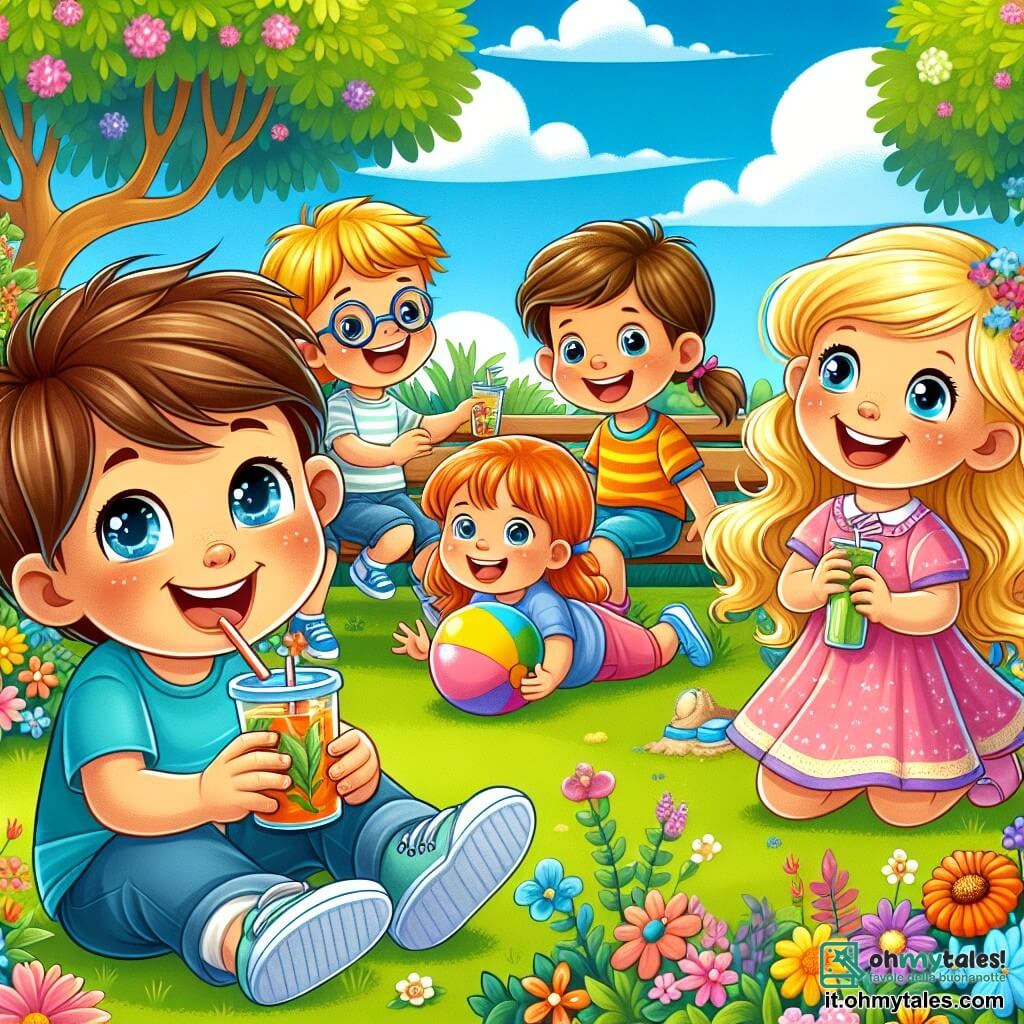 Illustrazione che rappresenta un parco soleggiato, pieno di fiori colorati e alberi verdi. Al centro, un gruppo di bambini gioca felicemente sull'erba verde. Un ragazzo di otto anni, con capelli castani e occhi vivaci, è seduto su una panchina con un leggero sorriso, mentre fa una pausa. Accanto a lui, una ragazza di sette anni, con lunghi capelli biondi e un vestito rosa, gli porge un bicchiere di limonata con un grande sorriso. Un altro ragazzo di otto anni, con occhiali e capelli castani, corre intorno a loro, ridendo e tenendo un pallone colorato. Sullo sfondo, una ragazza di sei anni, con due trecce e una maglietta blu, sta costruendo una torre di sabbia. Il cielo è blu, punteggiato da alcune nuvole bianche, e l'atmosfera è gioiosa e amichevole, illustrando il sostegno e l'amicizia nei momenti difficili.
