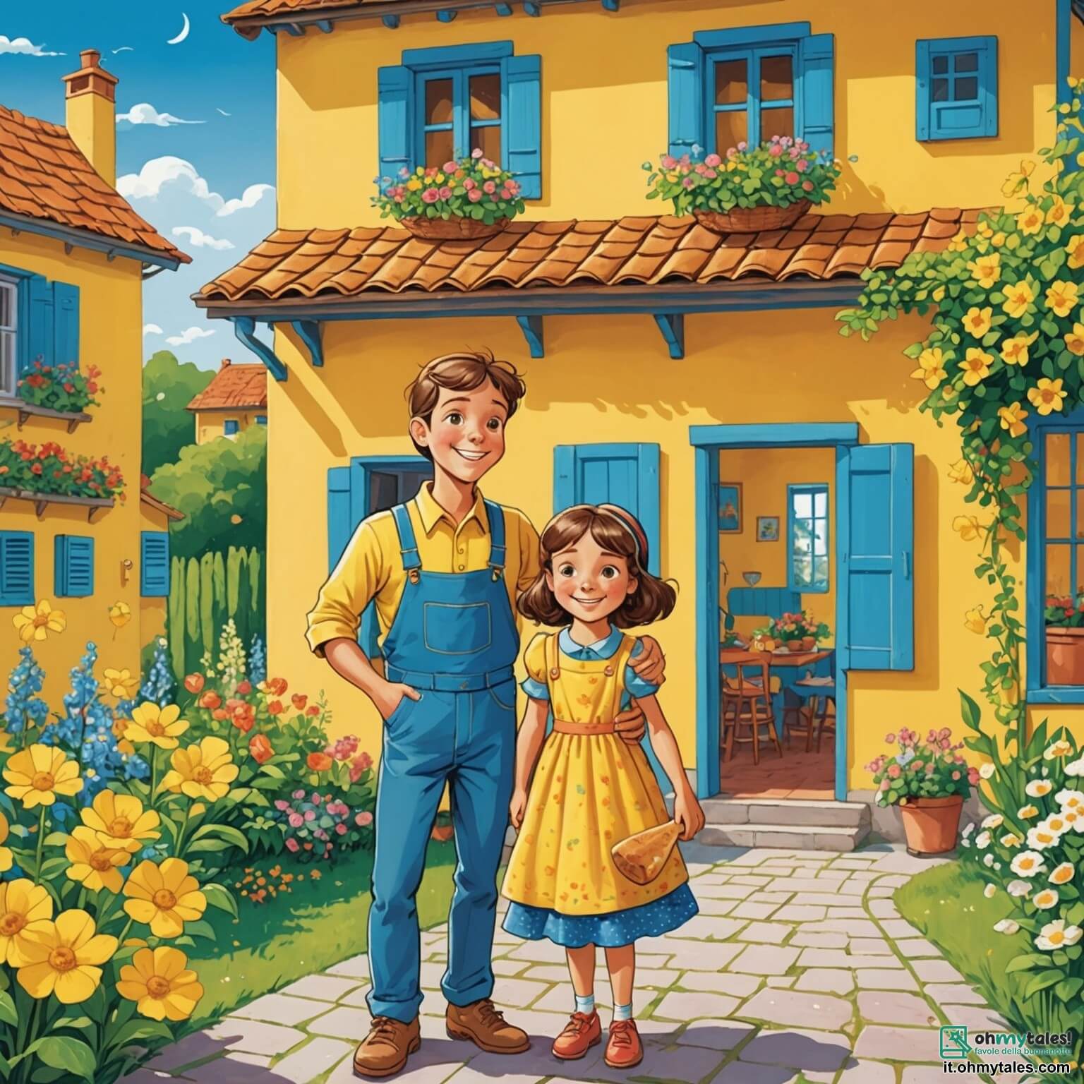 Une illustration destinée aux enfants représentant une petite fille aux yeux pétillants, pleine d'imagination et de joie, qui s'efforce de préparer un pancake géant pour son papa chéri, un homme au sourire chaleureux et aux mains habiles, dans une charmante maison jaune aux volets bleus, entourée d'un jardin fleuri où les fleurs dansent au rythme du vent et où le doux parfum des délices cuisinés emplit l'air.