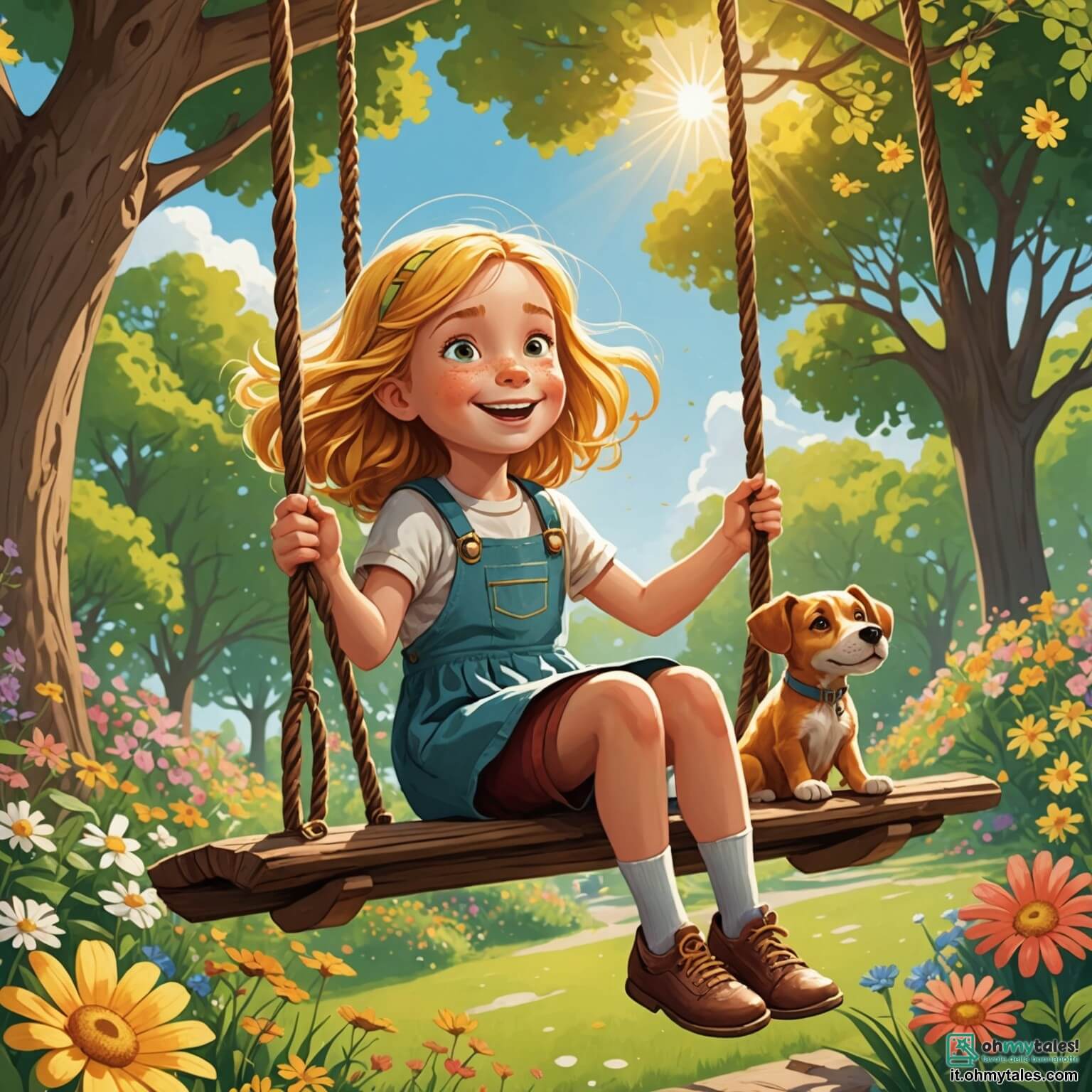Une illustration destinée aux enfants représentant une petite fille aux cheveux dorés flottant comme des rayons de soleil, assise sur une balançoire en bois grinçante dans un parc verdoyant où les fleurs colorées dansent au gré du vent, entourée de ses amis, un garçon aux yeux pétillants et une fille aux tresses rousses, alors qu'elle se remémore avec tendresse son fidèle compagnon à quatre pattes, un chien au pelage brun qui a quitté ce monde, créant une atmosphère douce-amère où l'amitié et les souvenirs s'entrelacent sous l'ombre réconfortante des grands arbres feuillus.