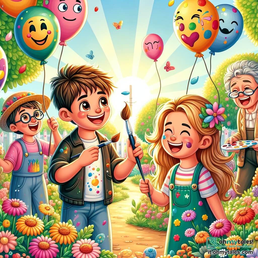 Illustrazione che rappresenta una scena gioiosa in un giardino soleggiato, pieno di fiori colorati e alberi verdi. Al centro, un ragazzo di circa 10 anni, con capelli castani disordinati e un sorriso radioso, tiene un pallone colorato con un grande volto sorridente dipinto sopra. Accanto a lui, una ragazza di 9 anni, con capelli lunghi e biondi, con macchie di vernice sulle mani, ride tenendo un pennello e un altro pallone decorato con un'espressione triste. Un ragazzo di circa 11 anni, con occhiali e capelli ricci, sta facendo giocoleria con diversi palloni, apparendo concentrato ma divertito. Sullo sfondo, una donna anziana, con capelli grigi e un cappello di fiori, racconta una storia gesticolando, catturando l'attenzione dei bambini. L'atmosfera è piena di risate e colori vivaci, mentre un lampione scintilla leggermente, aggiungendo un tocco magico a questa scena di creatività e amicizia.