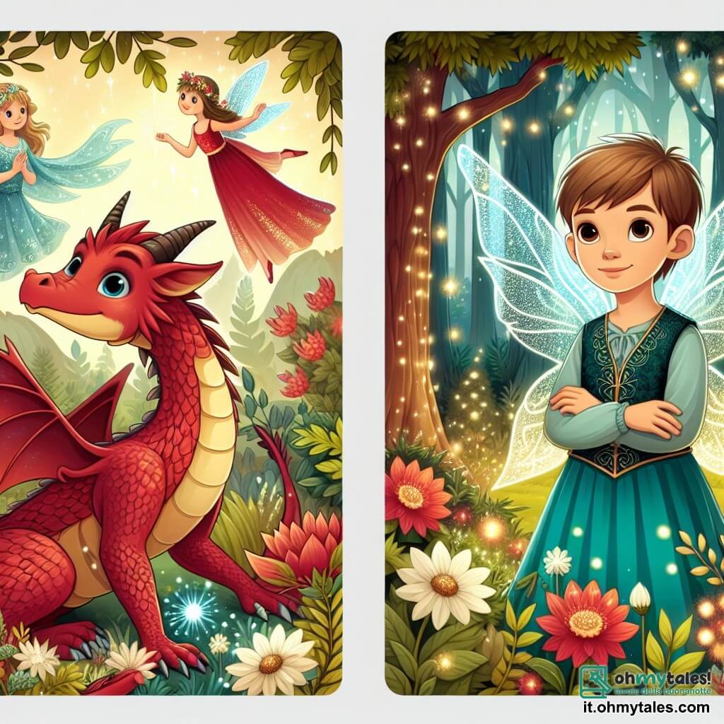 Une illustration destinée aux enfants représentant un jeune dragon rouge aux écailles brillantes, une fée courageuse aux ailes scintillantes, et un bosco incantato avec des alberi maestosi et des fiori lumineux.