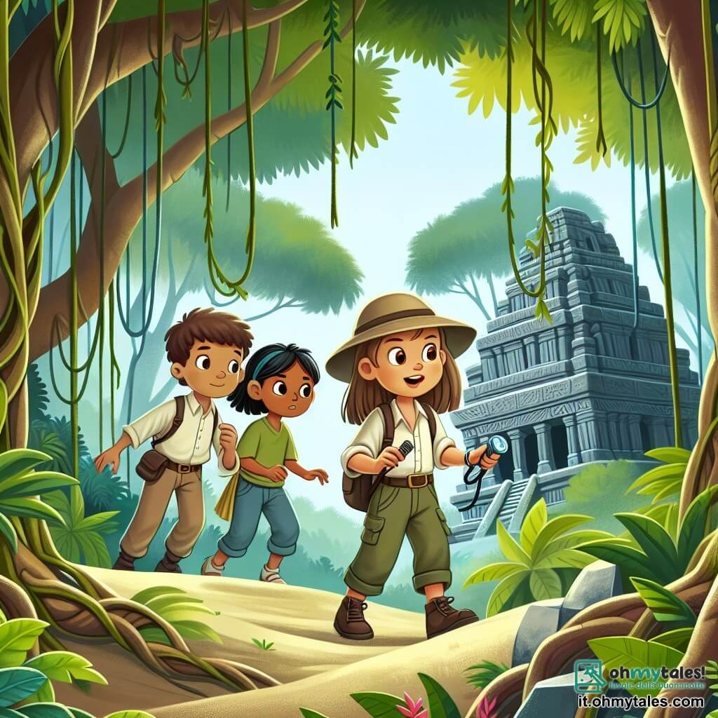 Une illustration destinée aux enfants représentant un jeune archéologue intrépide, accompagné de deux enfants curieux, découvrant un mystérieux temple sommerso au cœur d'une dense forêt tropicale aux arbres majestueux et aux lianes enchevêtrées.