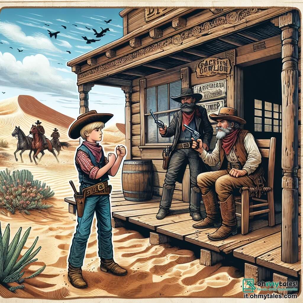 Une illustration destinée aux enfants représentant un jeune cow-boy courageux affrontant des bandits dans un vieux saloon de bois au cœur du désert poussiéreux de l'Ouest américain, sous le regard bienveillant d'un sage cow-boy âgé.