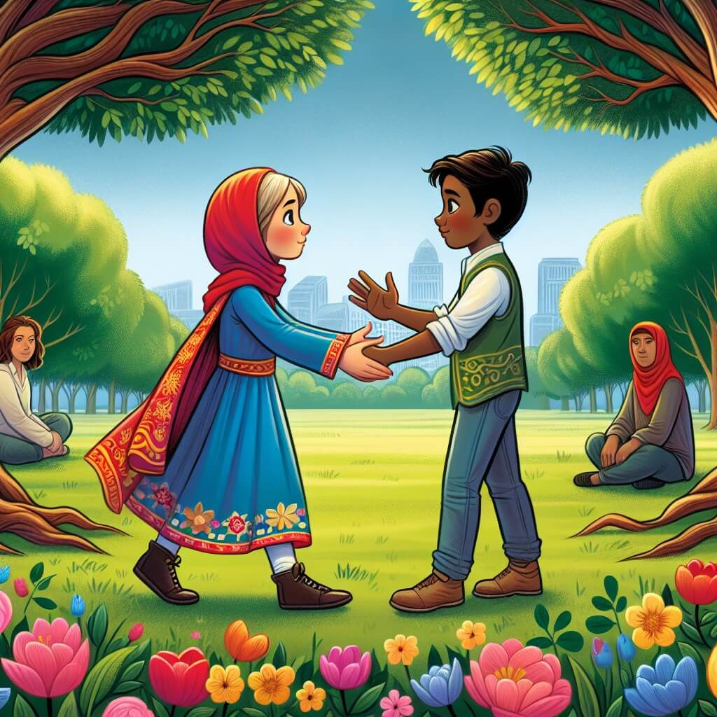Une illustration destinée aux enfants représentant une petite fille courageuse qui fait face au racisme avec l'aide de son nouvel ami, dans un parc verdoyant bordé de fleurs colorées et d'arbres majestueux.