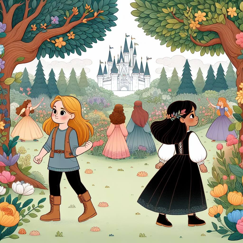 Une illustration destinée aux enfants représentant une jeune fille audacieuse et déterminée, accompagnée de son amie, dans un jardin enchanté rempli de fleurs colorées et d'arbres majestueux, où elles découvrent ensemble l'importance de l'égalité des sexes.