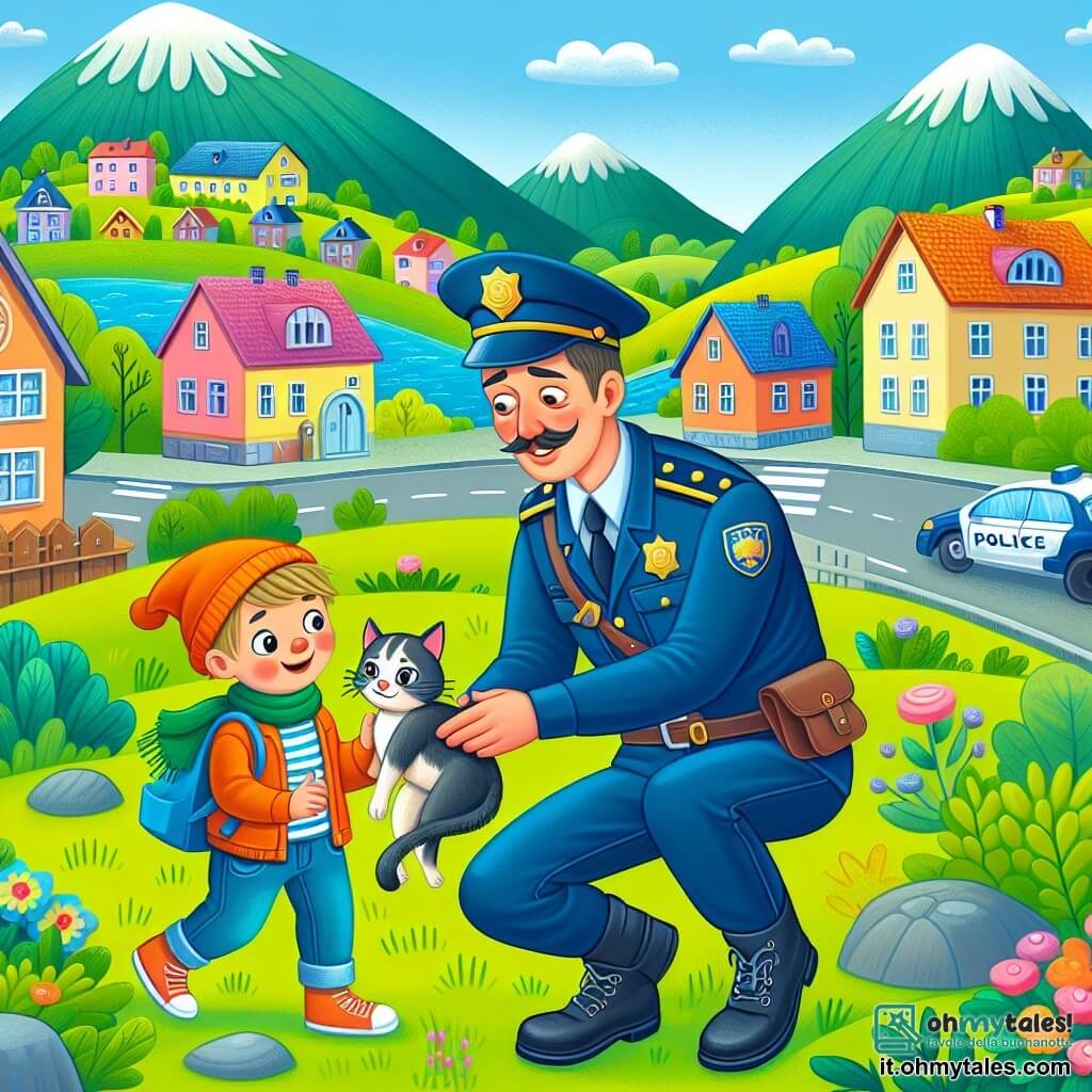 Une illustration destinée aux enfants représentant un policier au cœur généreux aidant un enfant à retrouver son chat disparu dans un quartier pittoresque entouré de montagnes verdoyantes et de maisons colorées.