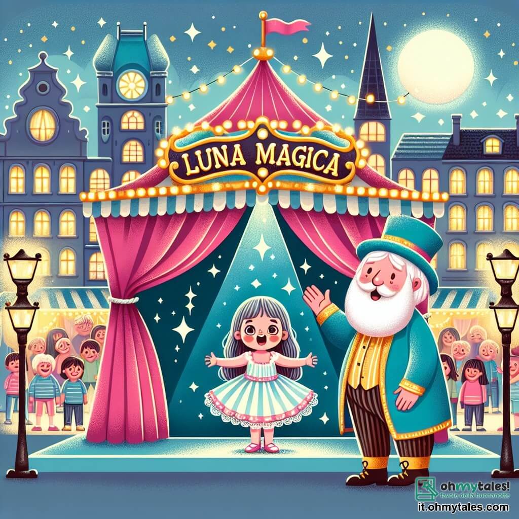 Une illustration destinée aux enfants représentant une petite fille émerveillée par les spectacles du cirque "Luna Magica", accompagnée de son grand-père barbu et bienveillant, dans un chapiteau scintillant de couleurs vives et de lumières étincelantes, situé au cœur d'une petite ville animée.